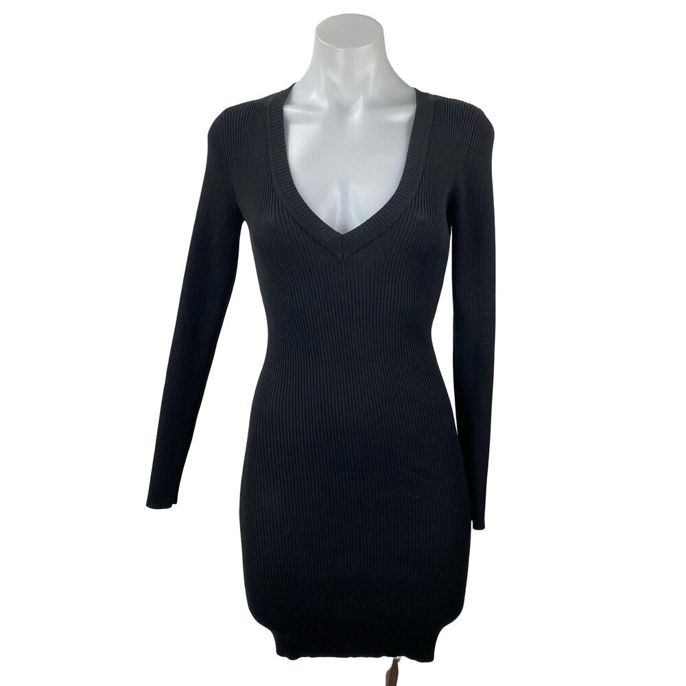 Missguided Black Ribbed Knit Long Sleeve Deep V Neck Mini Bodycon Dress Size 6